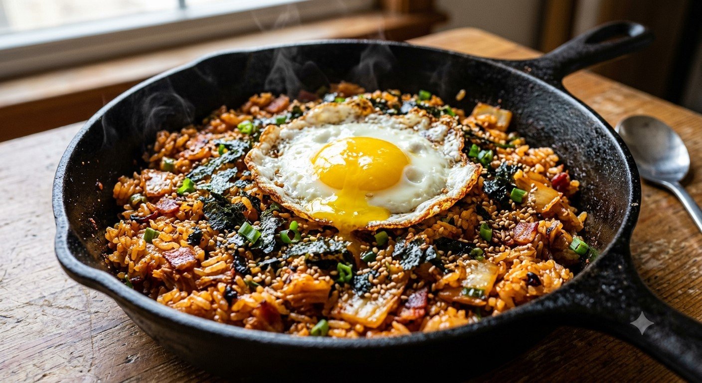 Kimchi Bokkeumbap: Ultimate Korean Kimchi Fried Rice with Crispy Edge and Fried Egg